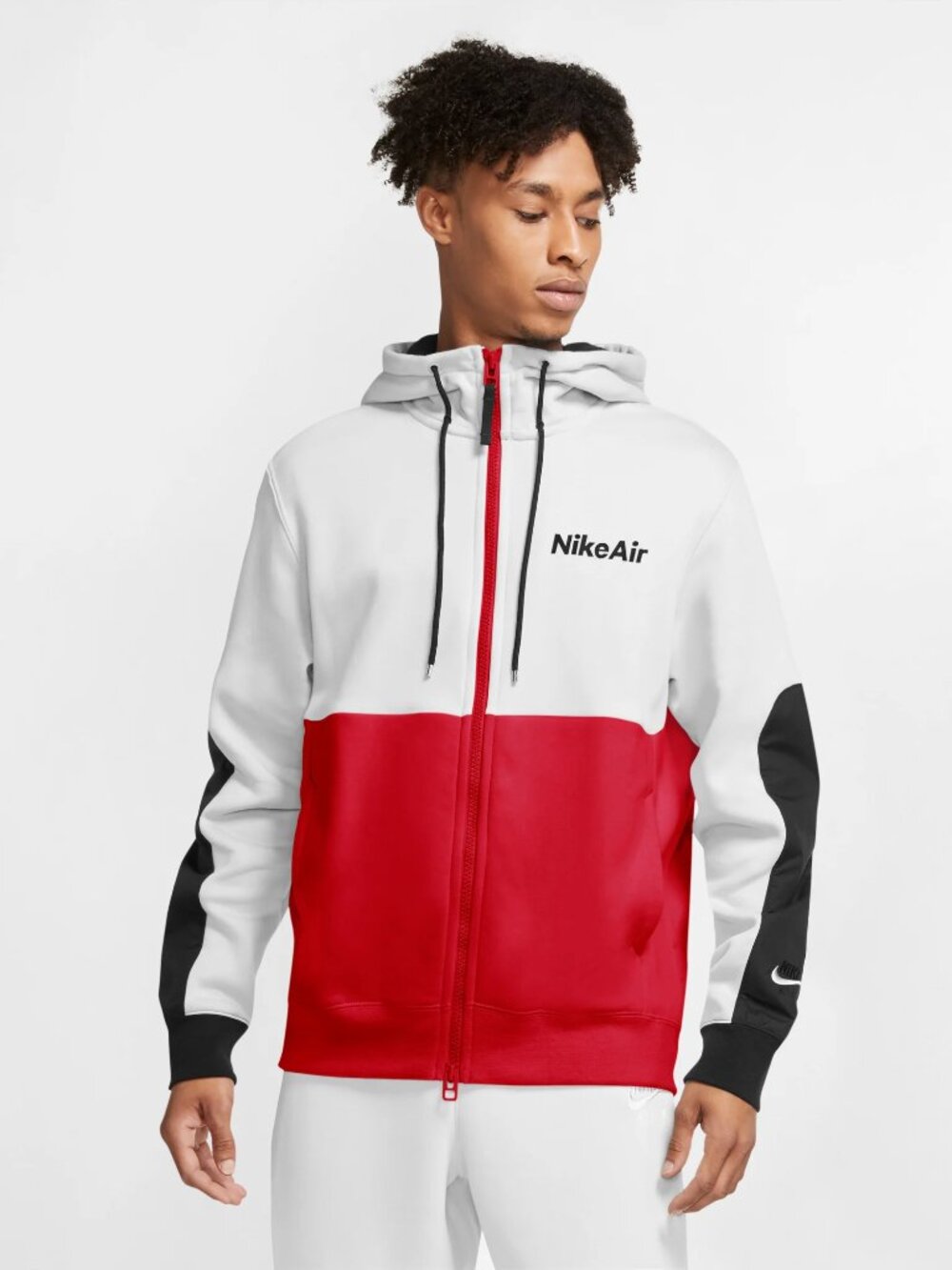 Nike Men's Red White Sportswear Club Fleece Colorblock Full-Zip Hoodie Size L